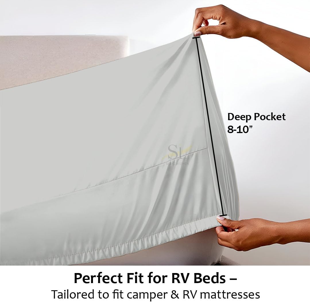 Shreem Linen RV Sheet Set (30x75) Light Grey + White Waterproof RV Bunk 30x75 Mattress Protector 5 Piece Set - Fits 8" RV Beds, Campers & Trailers