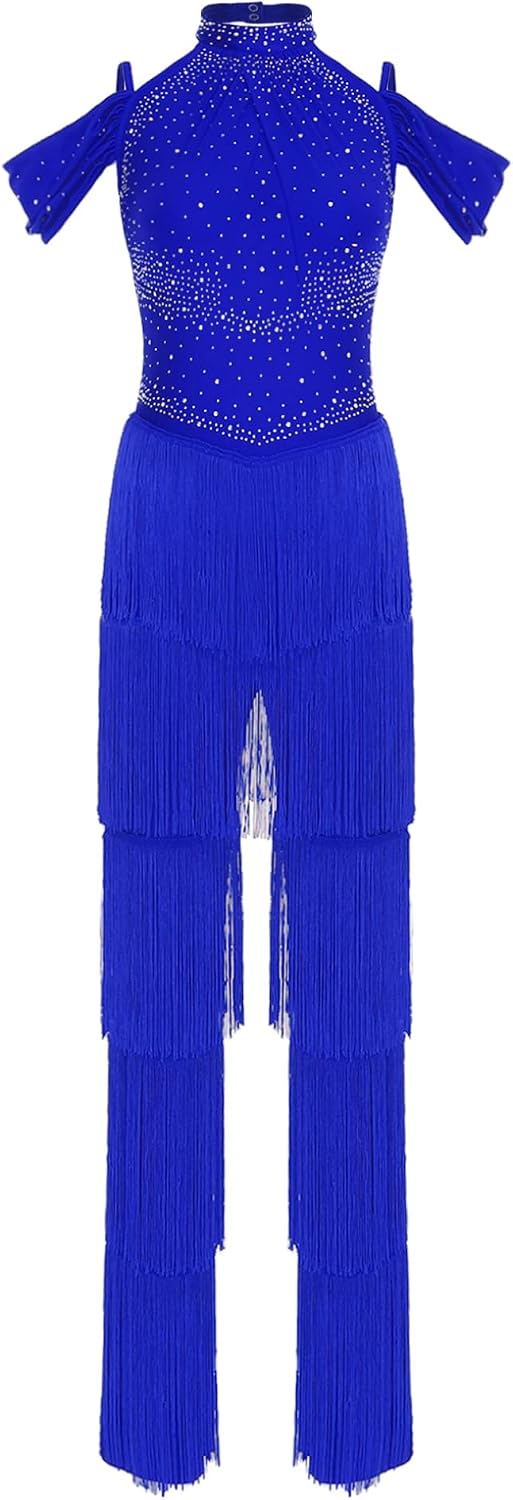 YEAHDOR Women Off Shoulder Rhinestones Fringe Tassel Jumpsuit Latin Jazz Dance Costume for Ballroom Rumba Tango Salsa