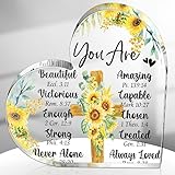 Gerrii Christian Gift for Women Inspirational Religious Gifts for Her Bible Verse Desk Decor Spiritual Acrylic Plaque Sign for Valentines Birthday Mom Sister(Sunflower and Cross,5.9x5.9x0.55 Inches)