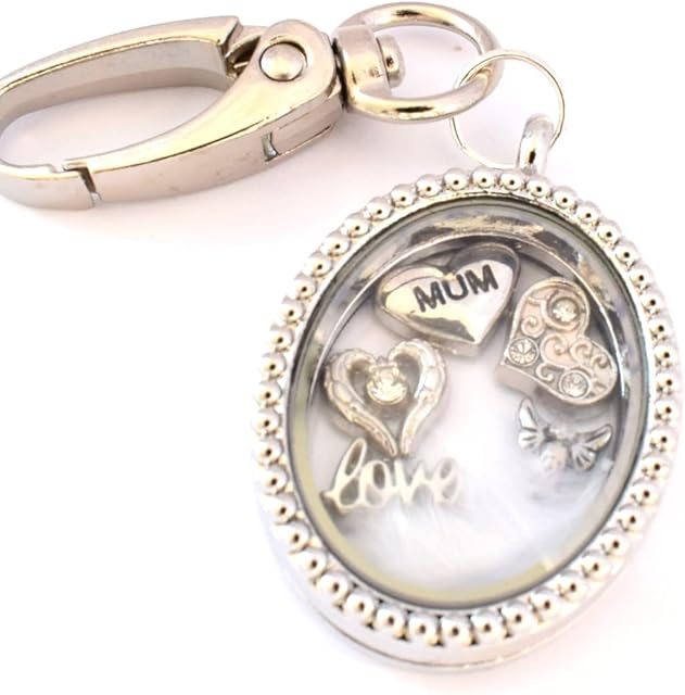 MUM In Memory Floating Locket. Charms and Real White Tiny Feather inside. Angel, Wings, Love. Keyring, Keychain, Handbag Charm
