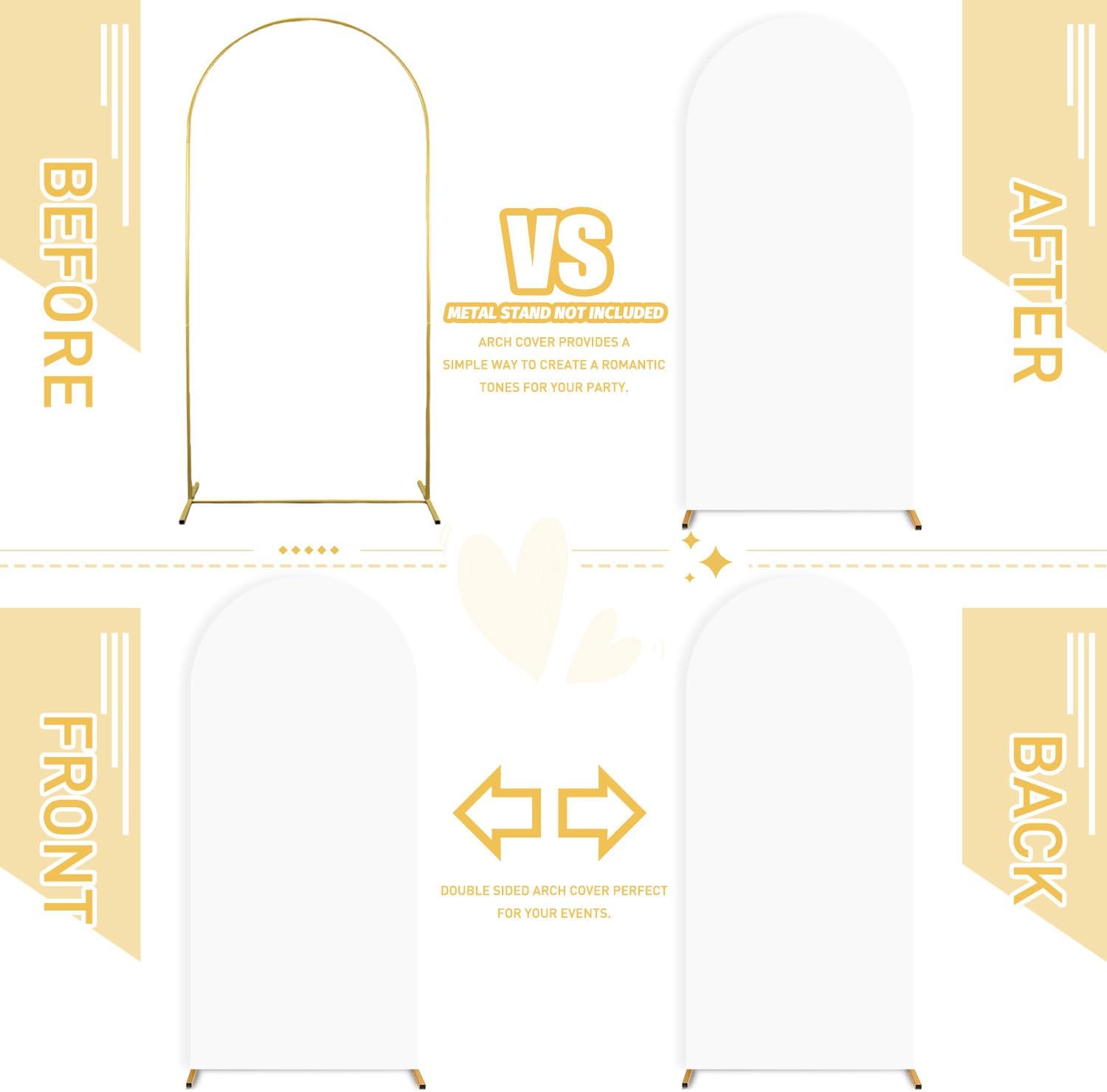 Metal Arch Stand Spandex Arch Backdrop Cover Set of 2 (6FT, 7.2FT) Party Backdrop Arch White Wedding Arch Backdrop Stand with Cover Gold Arch Frame Stand for Arch Cover Wedding Ceremony Decor