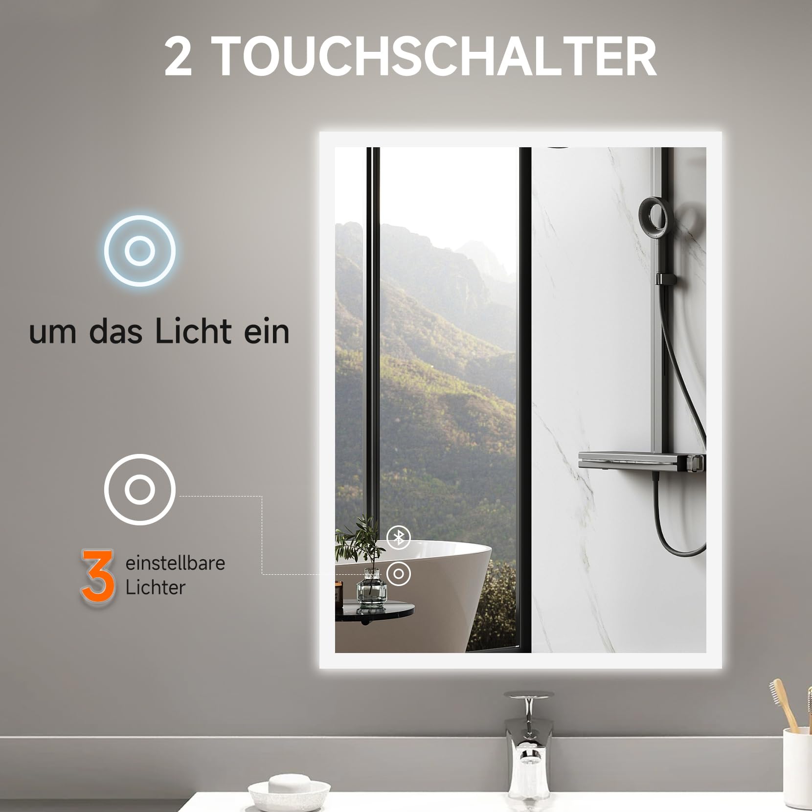 YOLEO Specchio da Bagno con Luce, Specchio a LED con Bluetooth, Specchio Bagno con Presa di Corrente, Antiappannamento, 3 Colori di Luce Regolabili, 80x60cm
