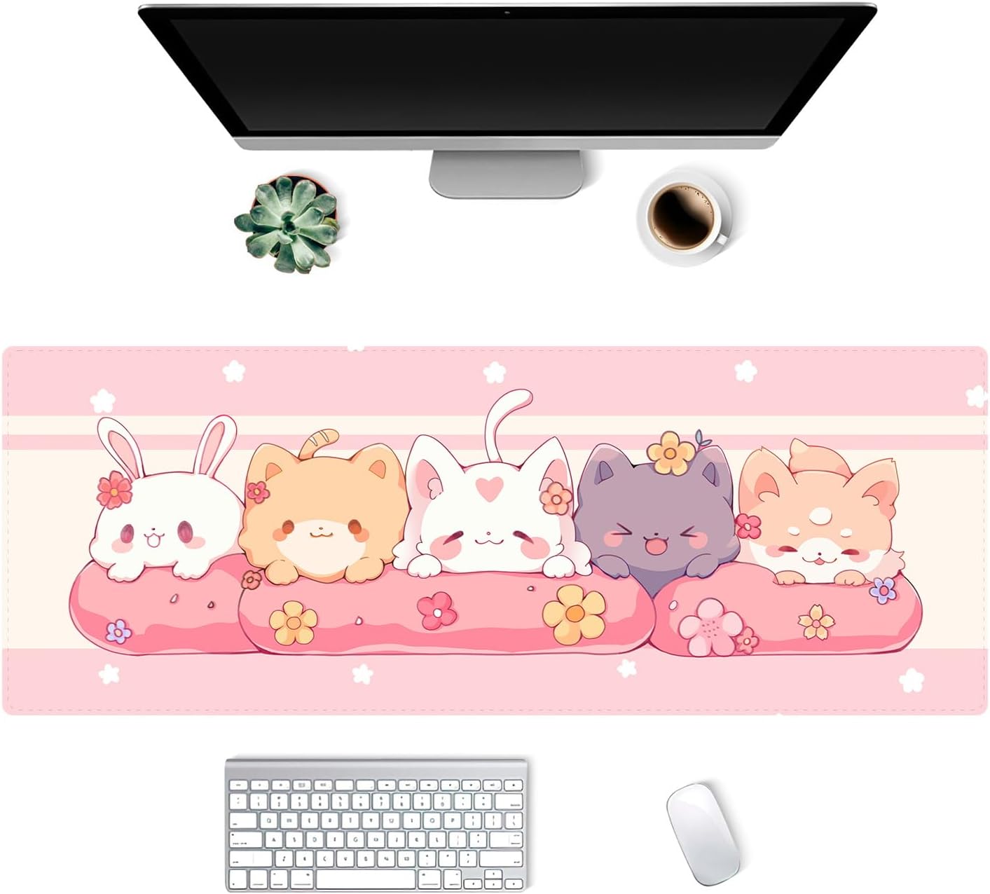 Kawaii Mouse Pad Cute Mouse Pad Pink and Green Anime Cute Desk Pad Laptop Keyboard Mouse Pad Desktop Pad Large 31.5 x 11.8 inch Stitched Edge Non Slip Rubber Base Office Girl Home Decor