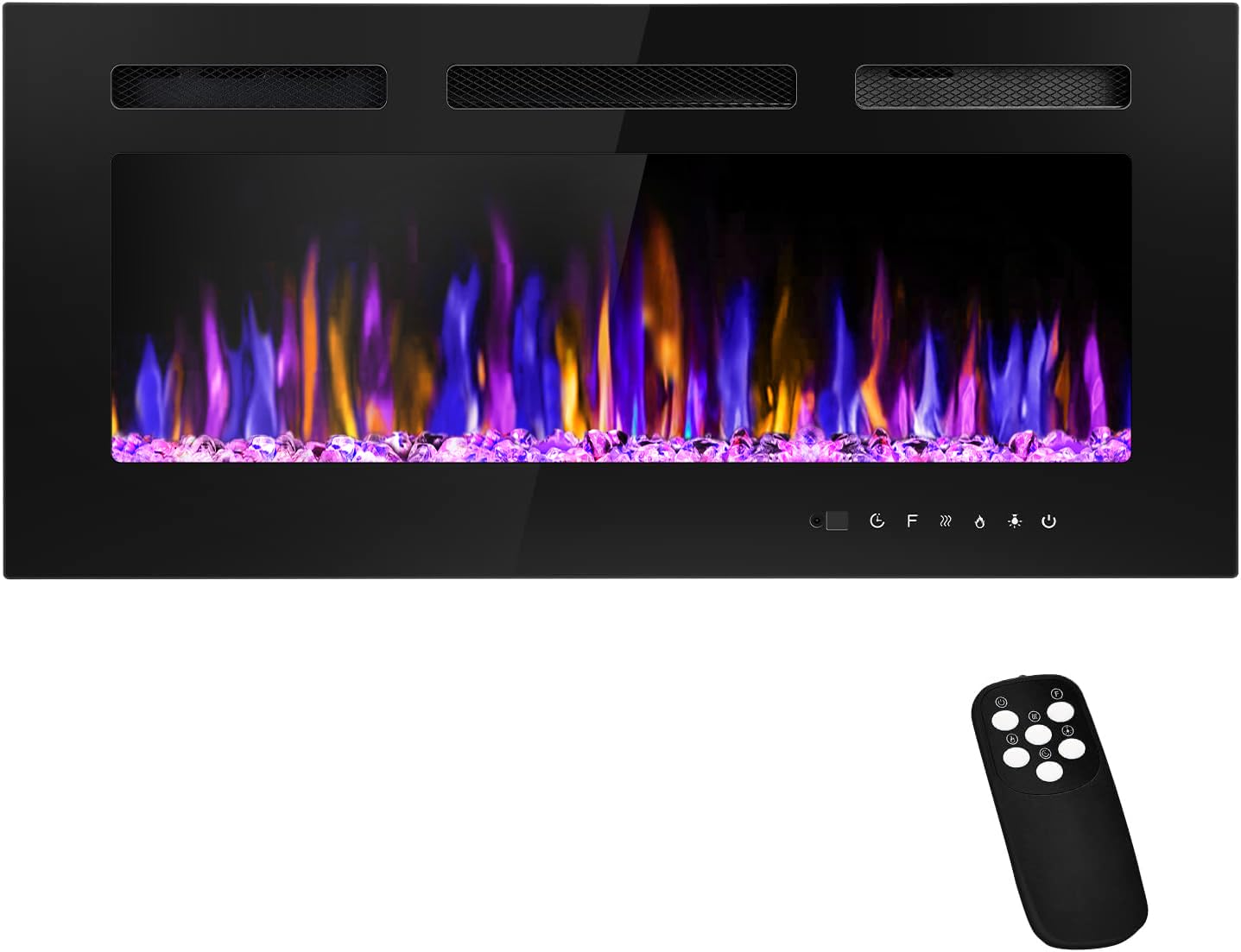 Image showing the fireplace with its touch screen controls and the remote control. Labels indicate functions like Timer, Temperature, Heater, Flame Color, Dimmer, and Power.