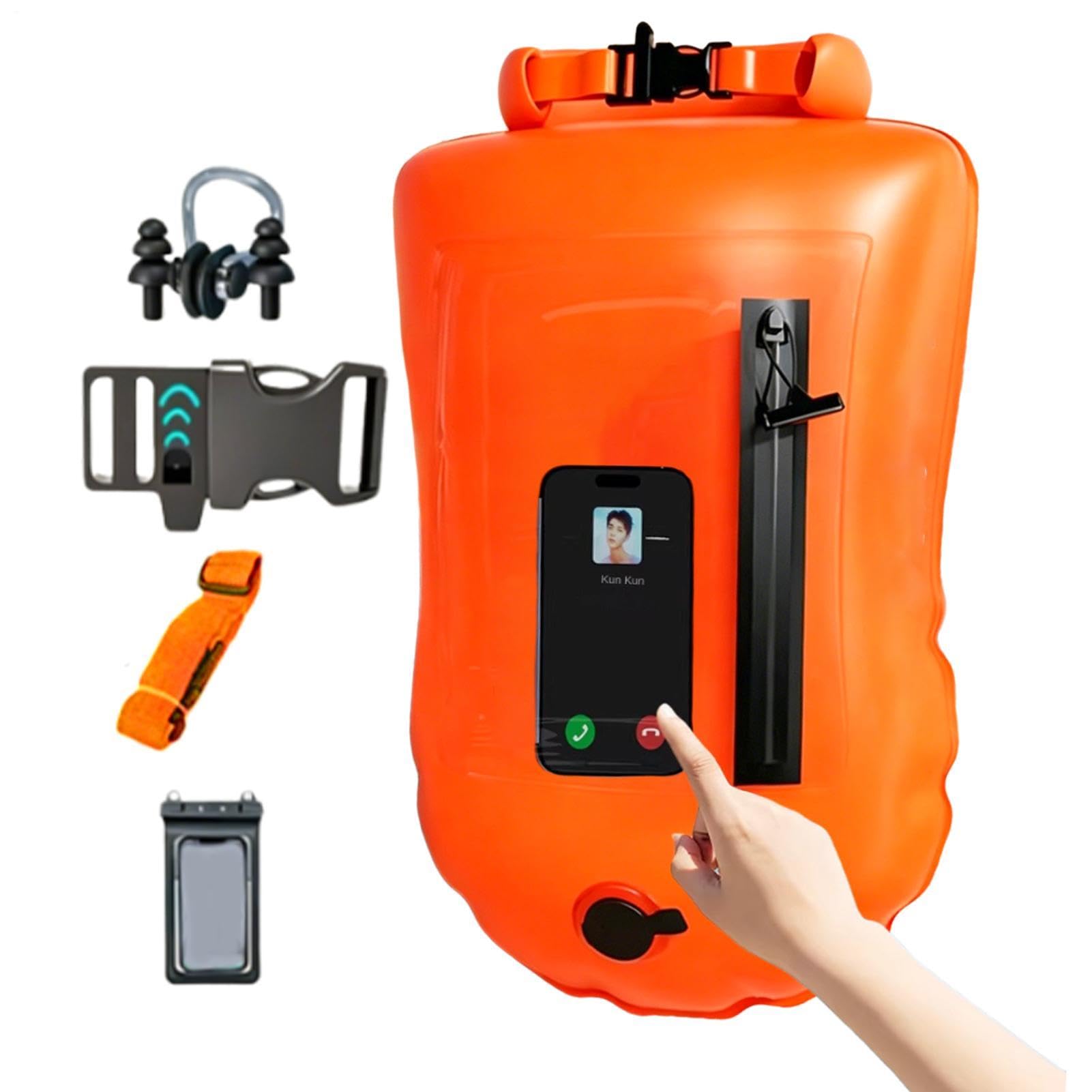 Boya de natación en aguas abiertas, con pantalla táctil, impermeable, bolsa de teléfono, flotador de entrenamiento, para triatleta, kayak, esnórquel, lago, entrenamiento acuático, carreras al aire