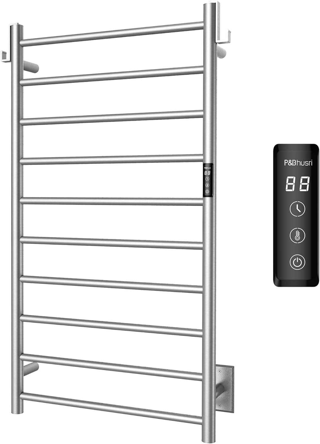 P&Bhusri Brushed Heated Towel Rack, 21.65" L x 39.4" H 10-bar Fast Dry Towel Warmer with Smart Timer and Thermo Control, Wall-Mounted/Hard-Wired Installation, Stainless Steel Brushed H 39.4“ x W 21.65"