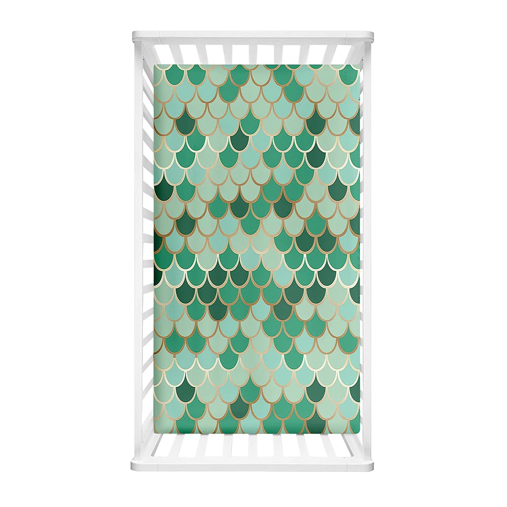 Odot Cot Bed Fitted Sheets Girls Travel Cot Sheets, Dreamy Mermaid Scales Print Microfiber Mattress Protector, Toddler Kids Cozy Bedding for Cradle, Cribs, Bassinet (Green,60x120cm)