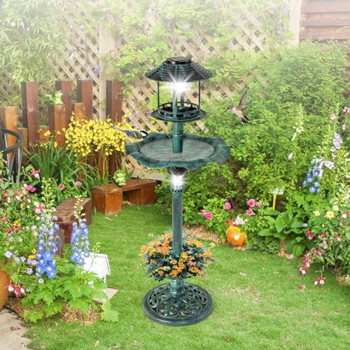 Image of GYMAX Bird Bath and Feeder Station, 4 in 1 Weatherproof Bird Feeding Table with Solar Powered Light, Flower Planter and Fillable Stand, Freestanding Birdbaths for Outdoor Hotel Garden (Bronze)
