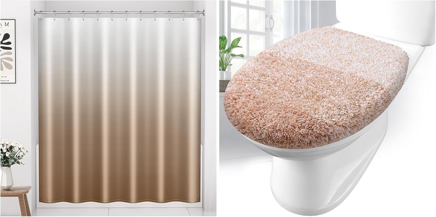 Arotive Bathroom Toilet Lid Cover and Fabric Ombre Shower Curtains Sets with 12 Hooks, Toilet Lid Cover Size 17.5x15 in Beige and Shower Curtain 72x72 in Beige Ombre, 2 Item Bundle