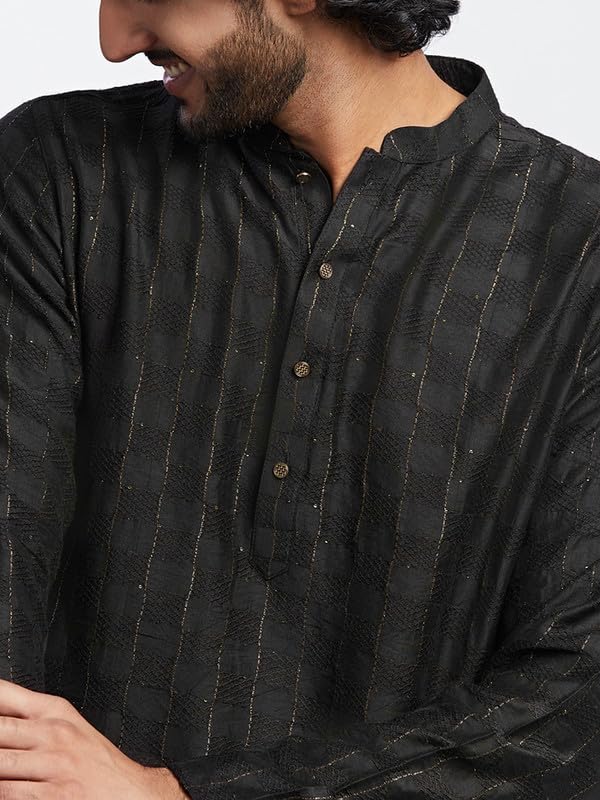 Image of KISAH Men's Navy Blue Printed Cotton Kurta - Regular Fit Long Tunic with Mandarin Collar | Ethnic Wear for Weddings & Festive Occasions