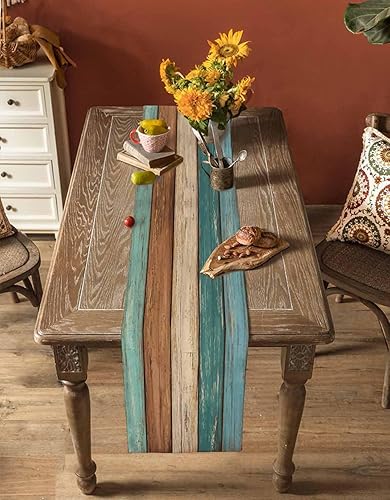 Miniatura 5 de Edwiinsa Camino de mesa retro de lino y algodón verde azulado geométrico rectangular, tapete de tocador, tablones de madera rústica, alfombra al