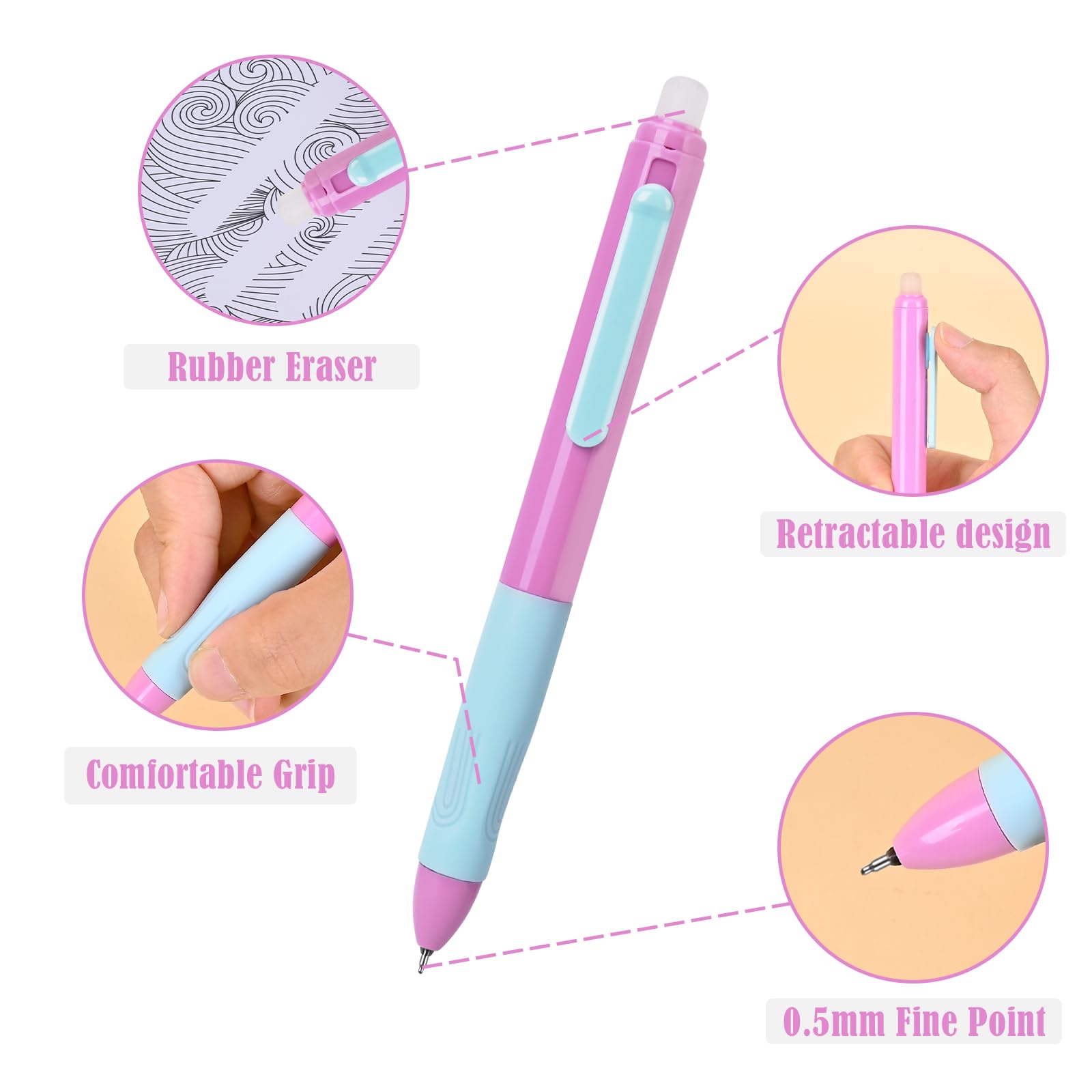 BAYTORY 18Pcs Retractable Erasable Gel Pens, 0.5 mm Fine Point, 4Pcs Blue & 4Pcs Black Ink Pens & 10Pcs Black Refills - Image 3