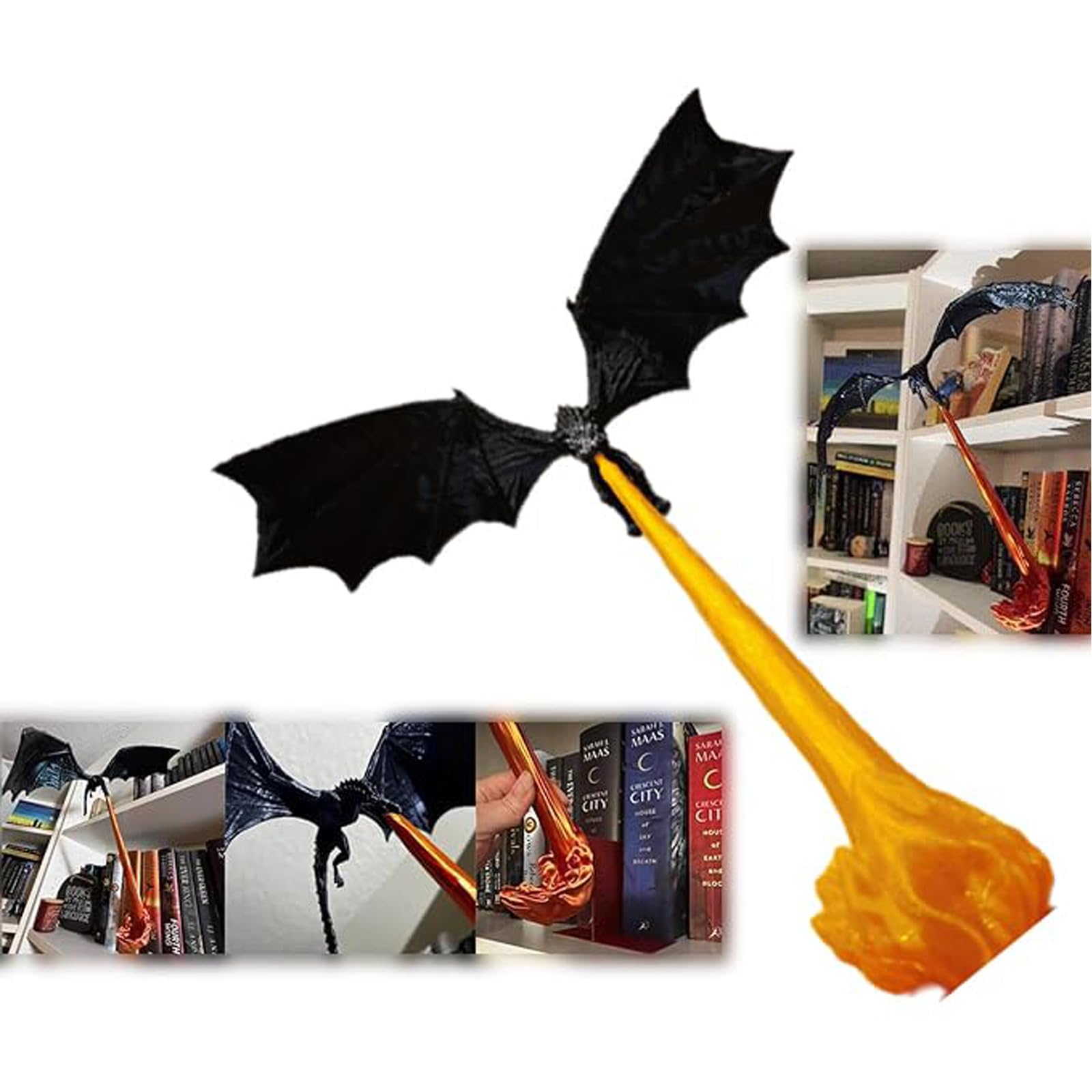 Dragon Flame Book Nook - 3D Flying Fire Bookends, Breathing Statue, Halloween Bookshelf Decor for Book Lovers/Collectors (COLOR1)