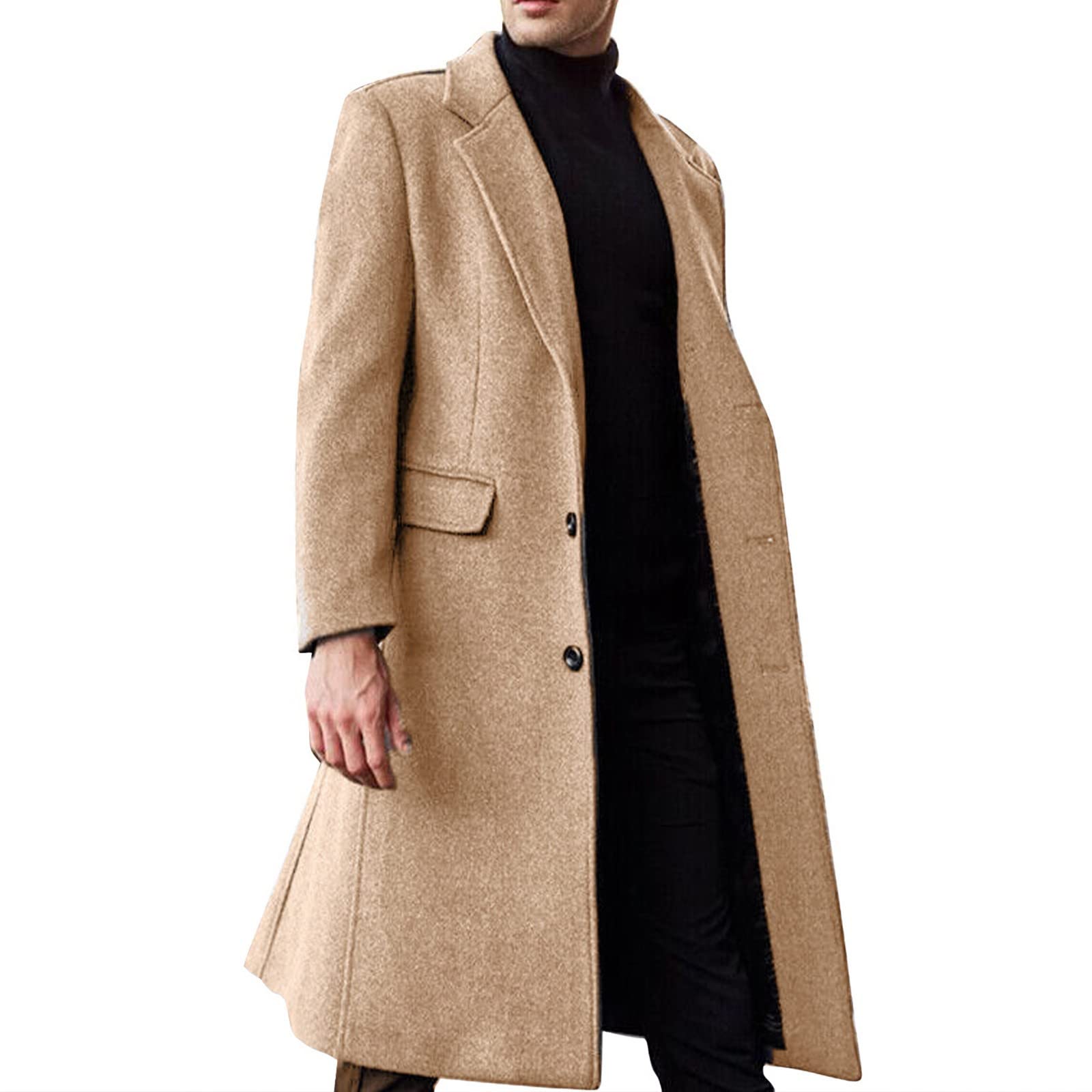 Cappotto da uomo in misto lana cammello, elegante giacca invernale monopetto, classico cappotto lungo per abbigliamento da lavoro e formale, look caldo e sofisticato, materiale misto lana di alta