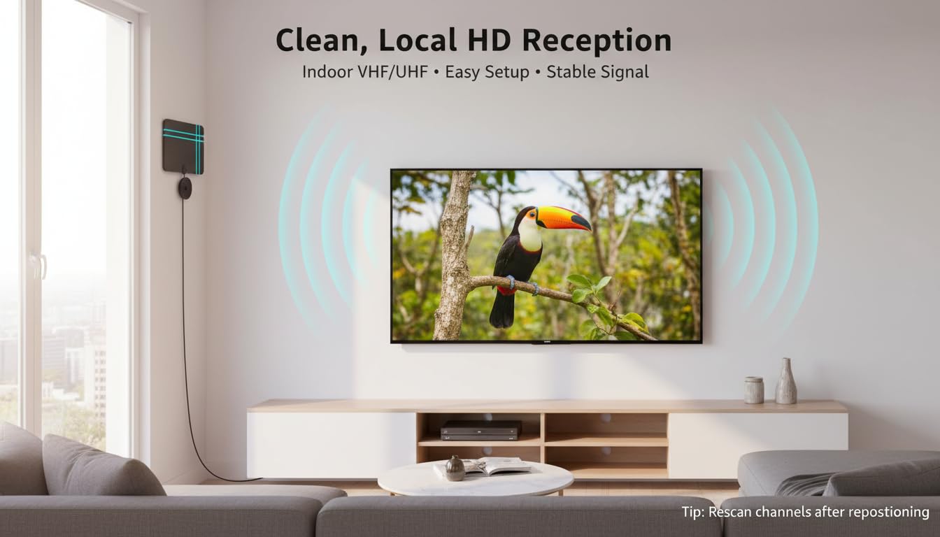 TV Antenna for Free Channels Canada, Long Mile Long Range Indoor TV Antenna - 2026 Upgraded with 360° Amplifier for 4K HDTV & Old TV, Easy Installation, Supports 4K 1080P HD VHF UHF — view 2