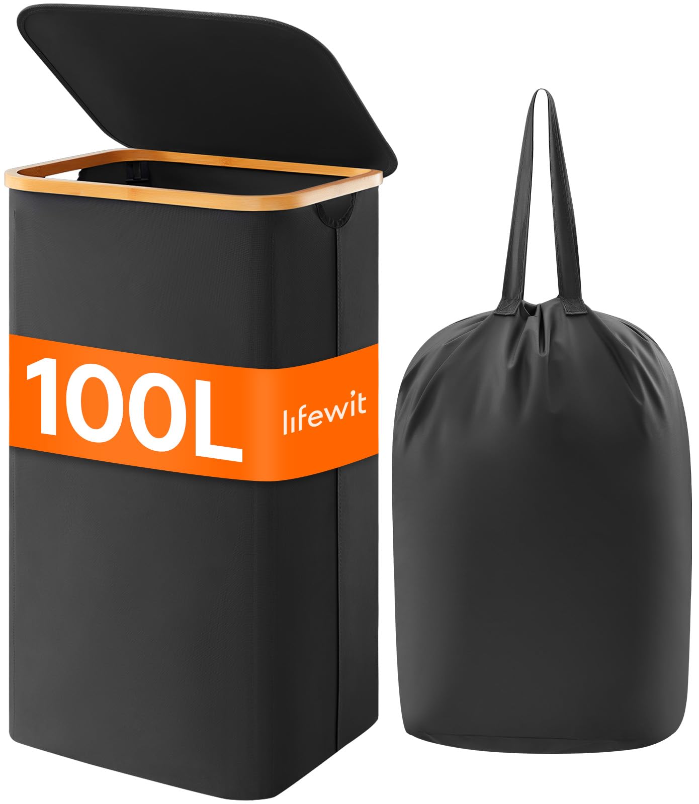 Lifewit 100L Laundry Basket with Lid, Foldable Laundry Hamper with Bamboo Handles and A Removable Laundry Bag, Large Collapsible Washing Basket for Bedroom, Bathroom, Dorm, Laundry Room, Black