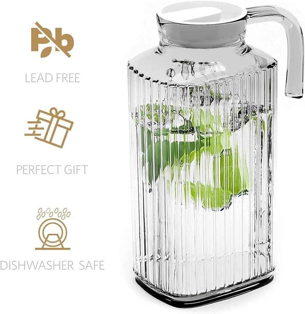 Home Essentials & Beyond - Juego de 2 jarras para nevera de 60 onzas, jarra de agua de vidrio con tapa, práctica y fácil de usar, ideal para limonada, té helado, leche, cócteles y más bebidas.