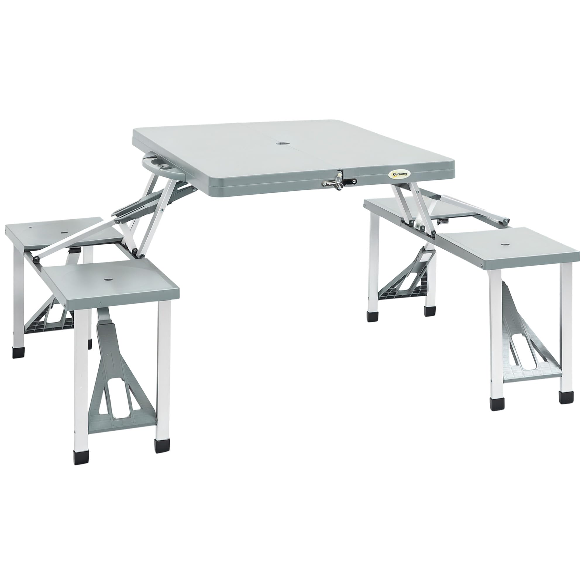Outsunny Portable Foldable Camping Picnic Table with Seats Chairs and Umbrella Hole, 4-Seat Fold Up Travel Picnic Table, Grey