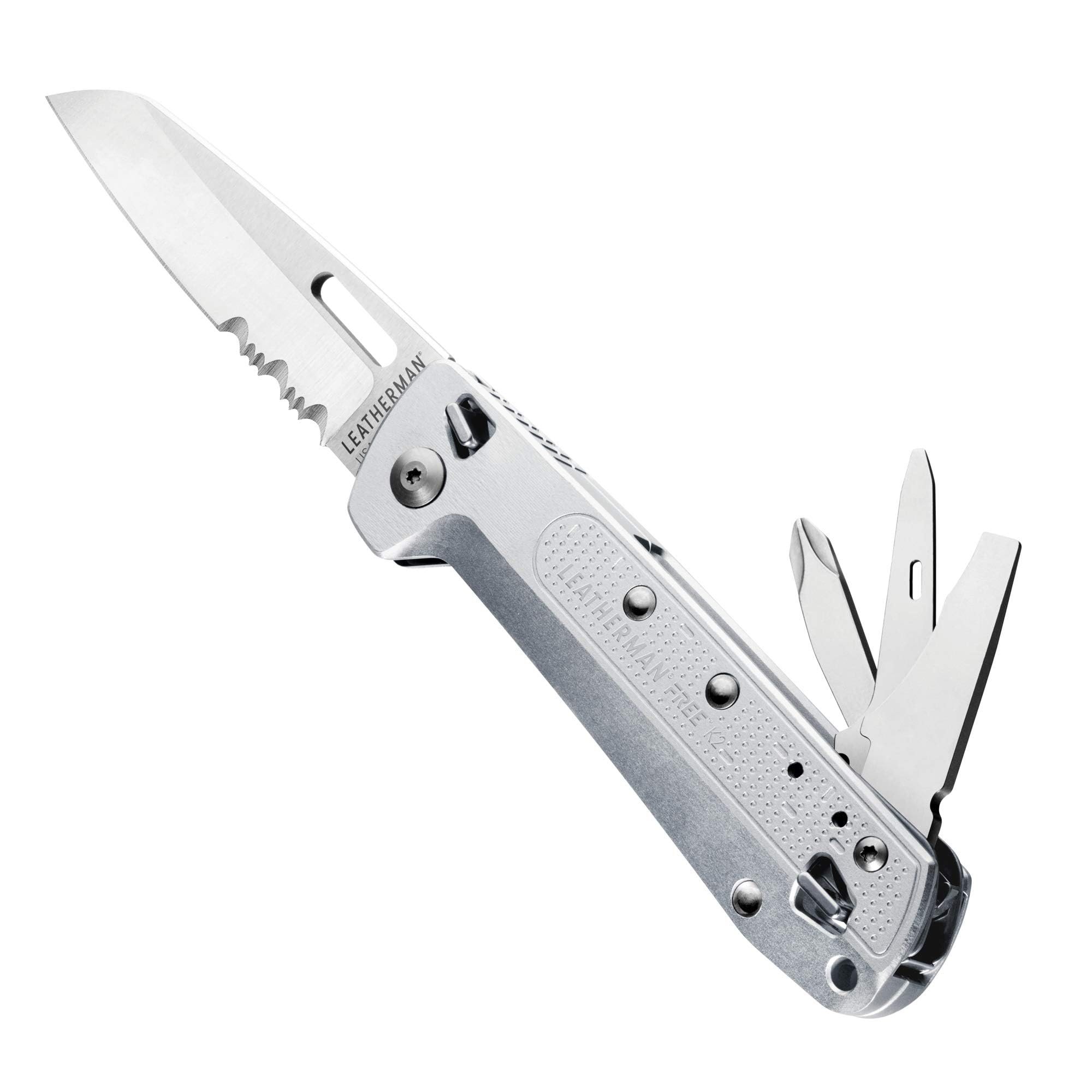 Leatherman Free K2x Outil Multifonction - 8-en-1 Outils avec Ouverture Magnétique, Poignée en Aluminium & Clip de Poche - Argent