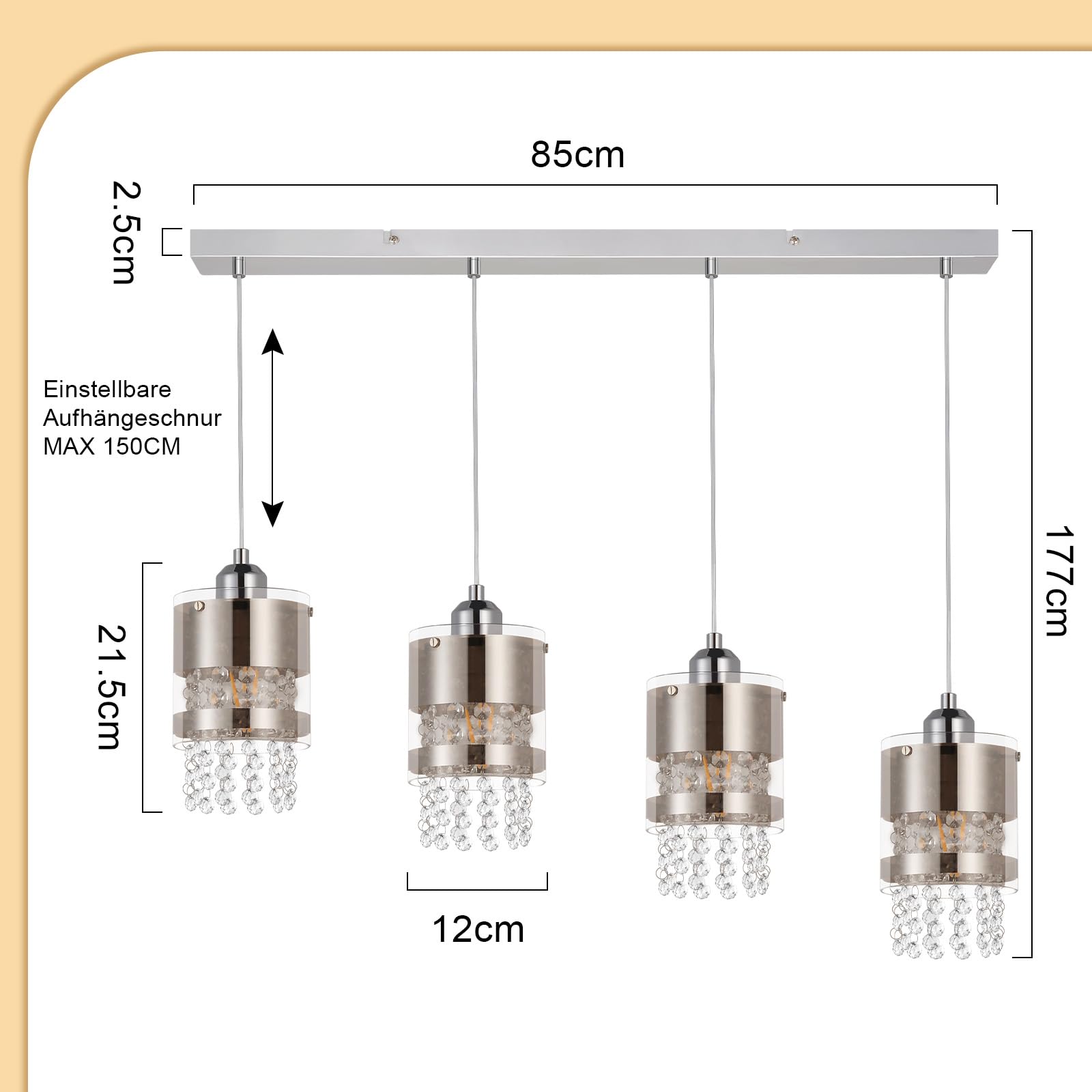 ZMH Pendelleuchte Esstisch Modern Hängelampe Glas Hängeleuchte Esszimmer 4 | Flammig Esstischlampe Hängend 150CM Höhenverstellbar Kristall E27 Pendellampe für Küche Wohnzimmer Ohne Leuchtmittel
