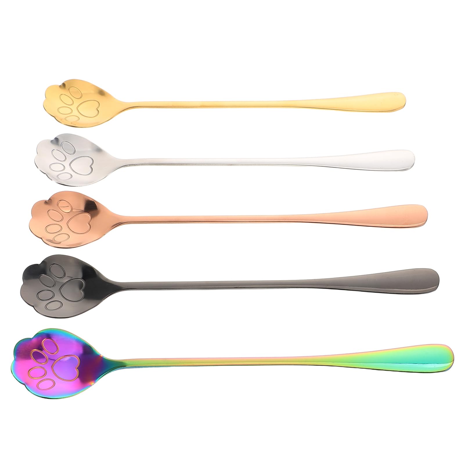 MUCKLILY 5Pcs Cute Stainless Spoon Long Handle Dessert Tool for Stirring Tea Sugar and Ice Cream Adorable Cat Design for Kitchen Use