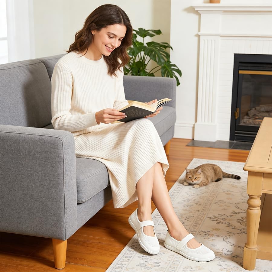 Waluzs Wide Toe Box Flats Shoes Women Knit Ballet Flats Mary Jane Dress Flat Wide Width Walking Shoes Slip-on with Strap 9 White Mono