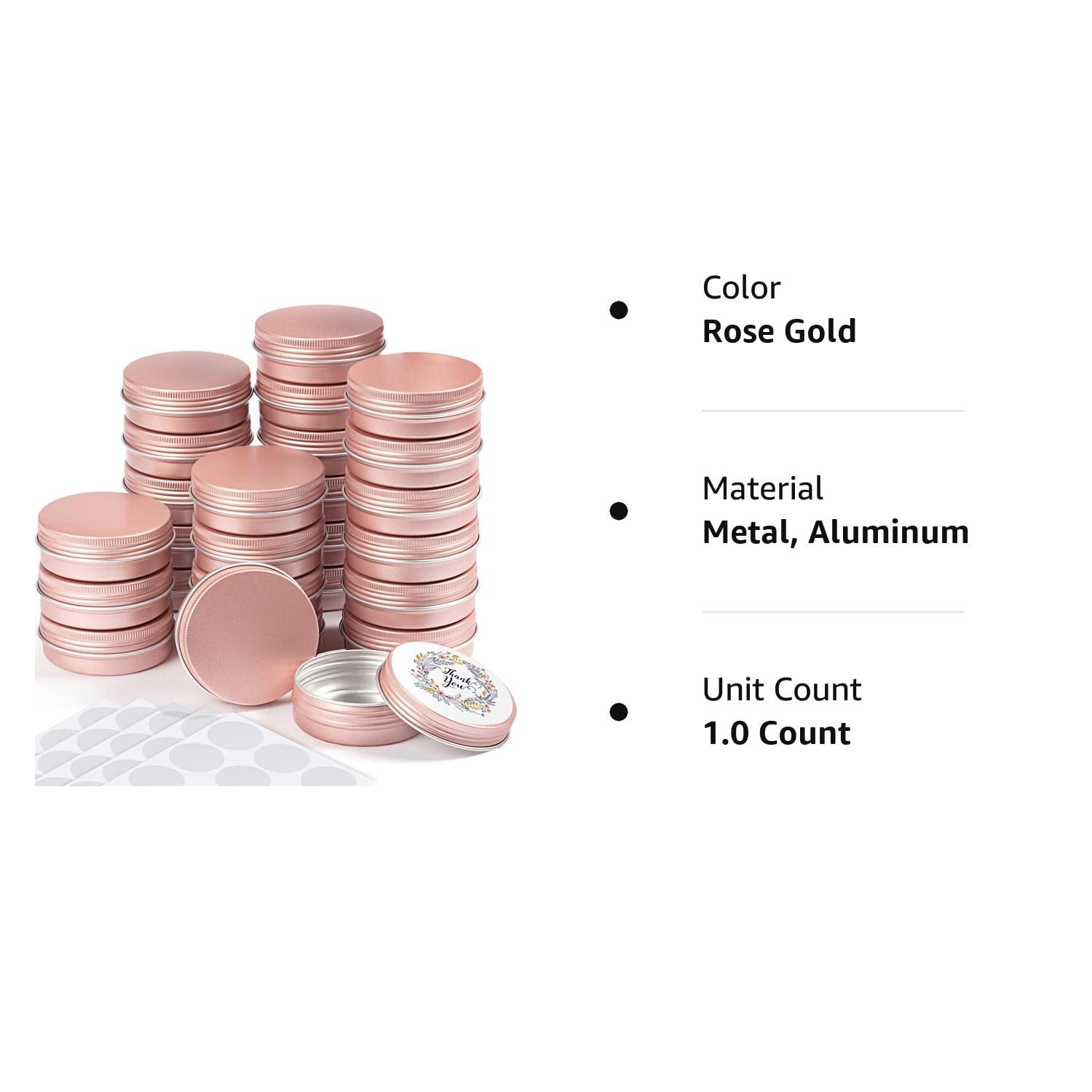 Patelai 120 barattoli rotondi in metallo da 56,7 g, contenitori in alluminio con coperchio a vite, 20 fogli adesivi per salve spezie, caramelle, balsami e candele (oro rosa)