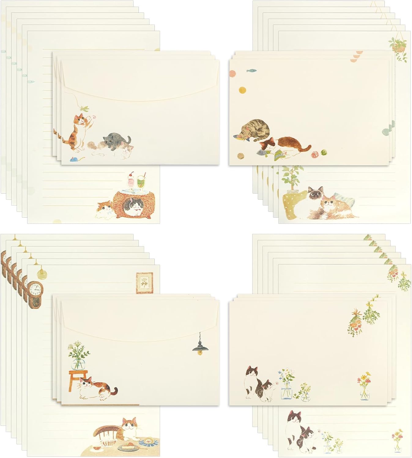 GUANGDAOVOD 36 PCS Writing Paper and Envelopes Set, Warm Cute Cat Themed Stationary Set Design for Invitations Gift Decorations Holiday Party, 24 Lined Stationery Paper with 12 Envelops