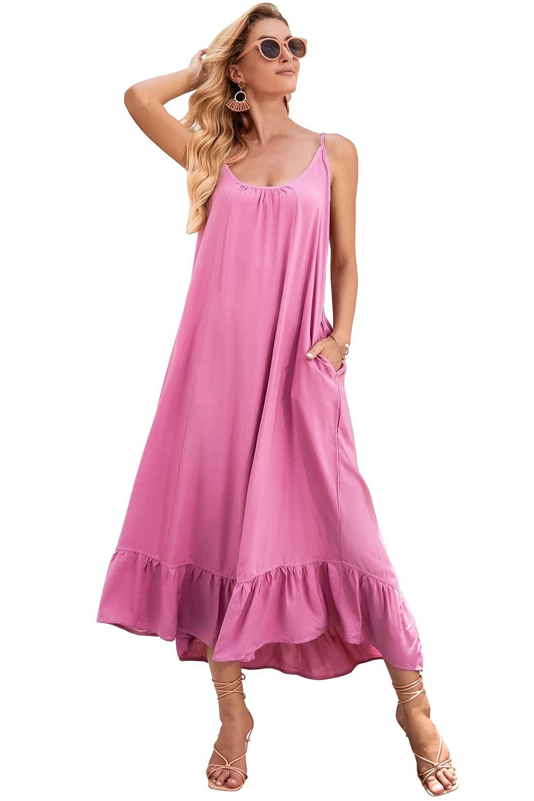 BUENOS NINOS Women's V-Neck Floral Maxi Dress - Boho Printed Adjustable Strap Long Dress With Pockets, Tie Dye Pink - View #10