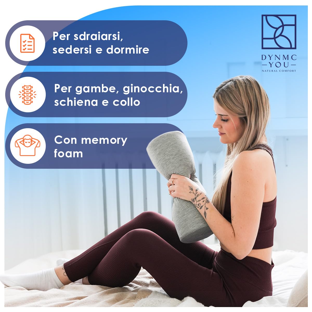DYNMC you Cuscino Lungo Imbottito per Collo Rivestimento in Bambù OEKO-TEX di Altissima Qualità – Cuscino Memory Foam Cilindrico Ultra Confortevole - Cuscino Cervicale e Lombare Rotondo