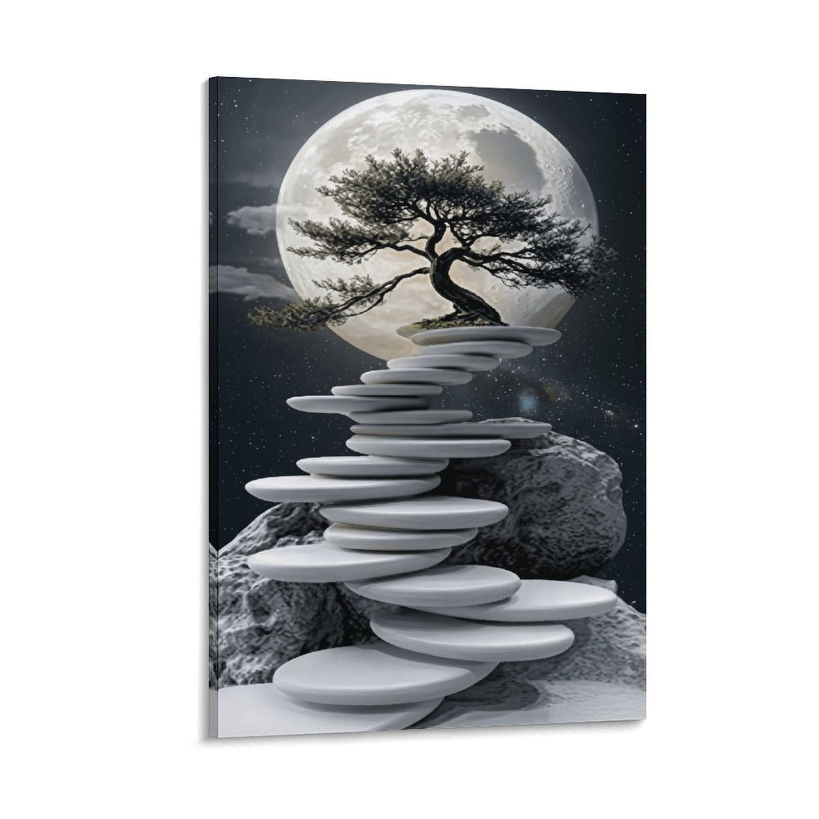 XPASHIQWC Moonlit Zen Balancing Stones & Pine Tree Poster Artwork Canvas Prints Picture Modern Wall Art Picture Wall Hanging for Living Room Bedroom Home Decorations 20x30inch(50x75cm)