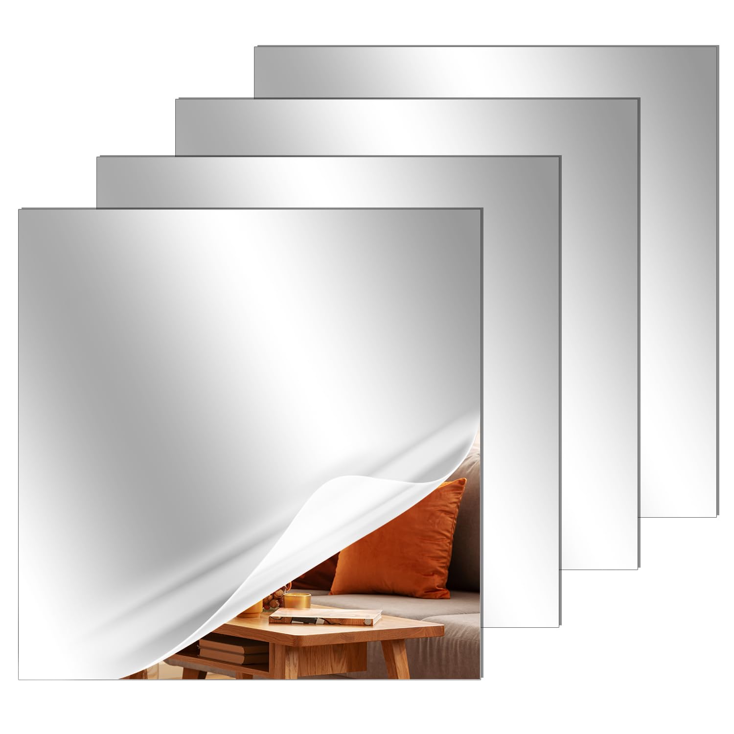 Qwork Qwork® 4Pcs 20X20cm Self-Adhesive Wall Mirror, Acrylic Mirror Sheets 2Mm Thick, For Bedroom, Bathroom