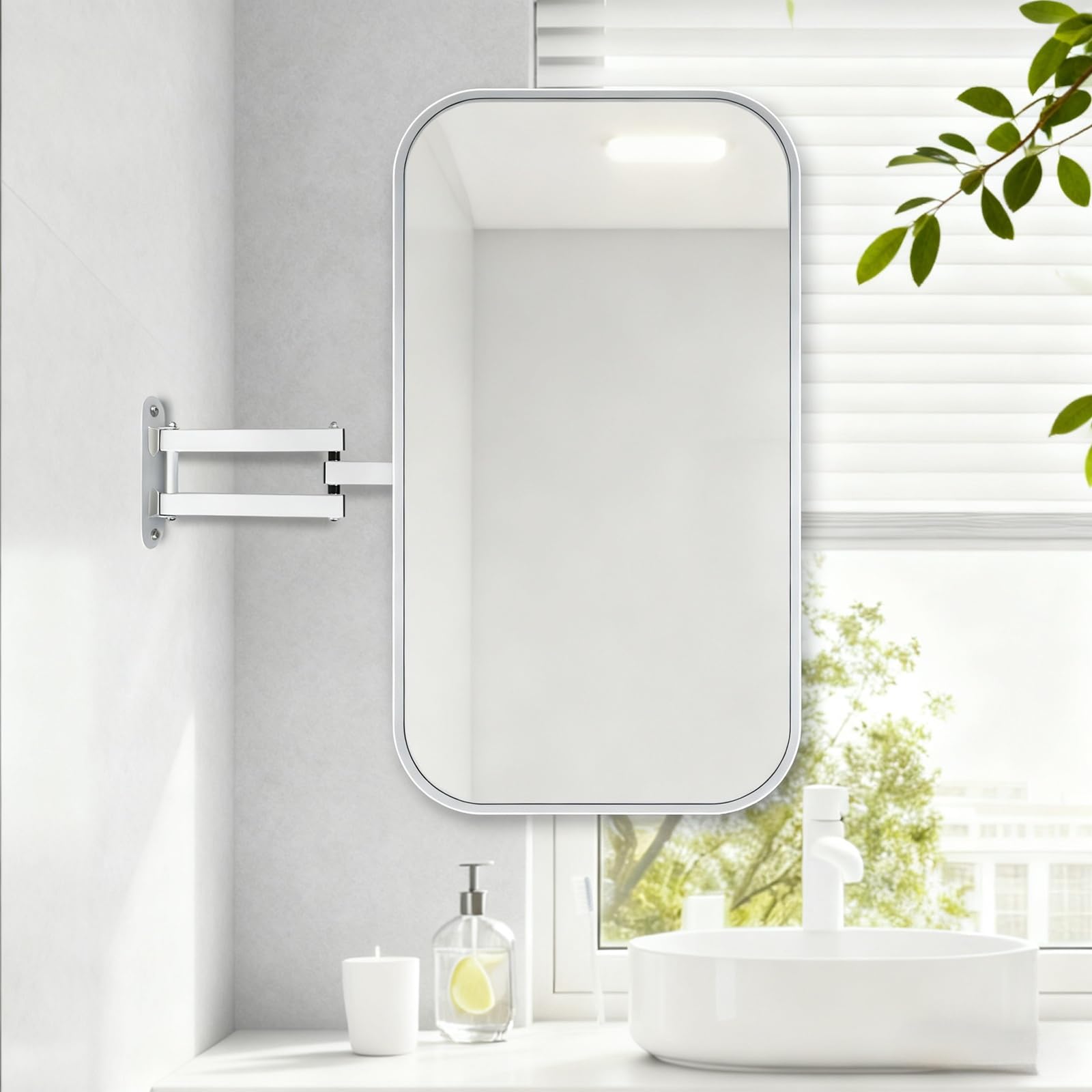 Scumlovy Rectangular Bathroom Corner Mirror, Vanity Mirrors, Wall Mount Pivot Mirror with Metal Frame and Swivel Extendable Arm, Vertical & Horizontal(Silver,60x90cm/23.6x35.4in)