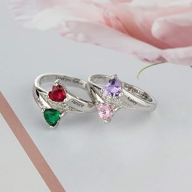 JewelOra Personalized Promise Rings for Her with 2 Heart Simulated Birthstones Engagement Wedding Name Rings for Girlfriend