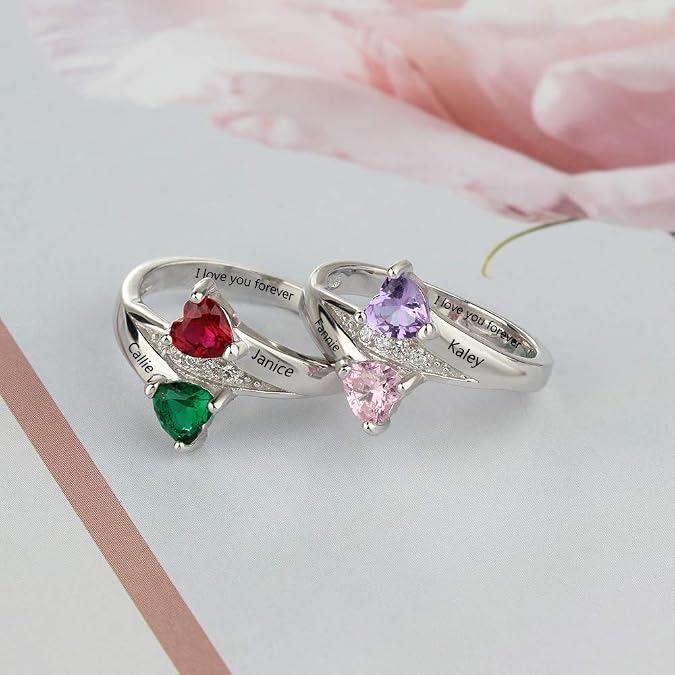 JewelOra Personalized Promise Rings for Her with 2 Heart Simulated Birthstones Engagement Wedding Name Rings for Girlfriend