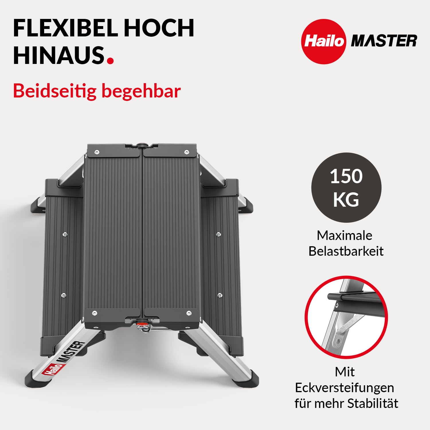 Hailo Master D70 Alu-Trittleiter 2x2 Stufen, EN 14183, bis 150 kg, Silber | Beidseitig begehbare Klappleiter, rutschhemmende Stufen, gummierte Füße, kompakt