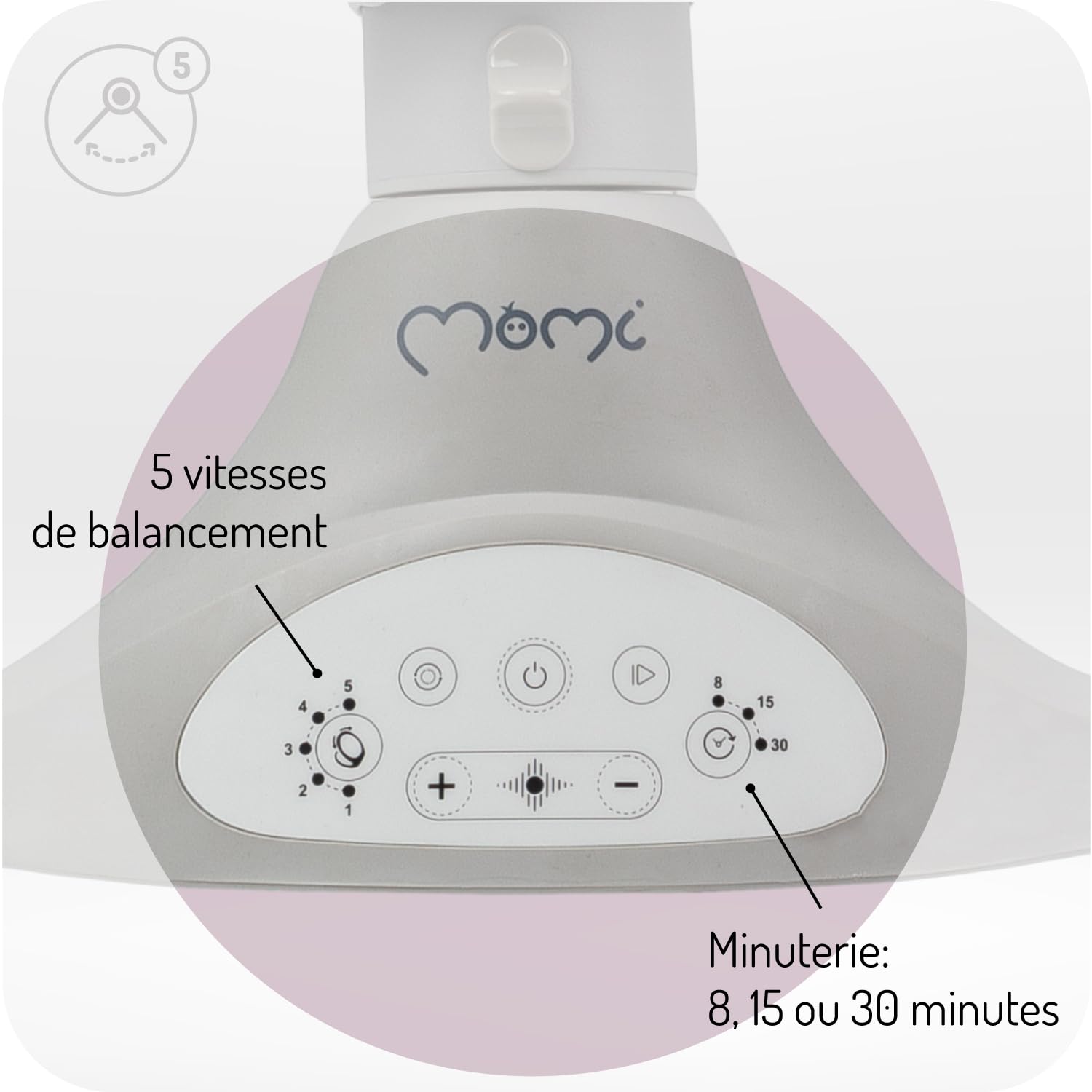 MoMi KENANI Transat balancelle jusqu’à 9 kg, pliable, télécommande et Bluetooth pour smartphone, alimentation piles et secteur, harnais de sécurité 5 points, pare-soleil, moustiquaire