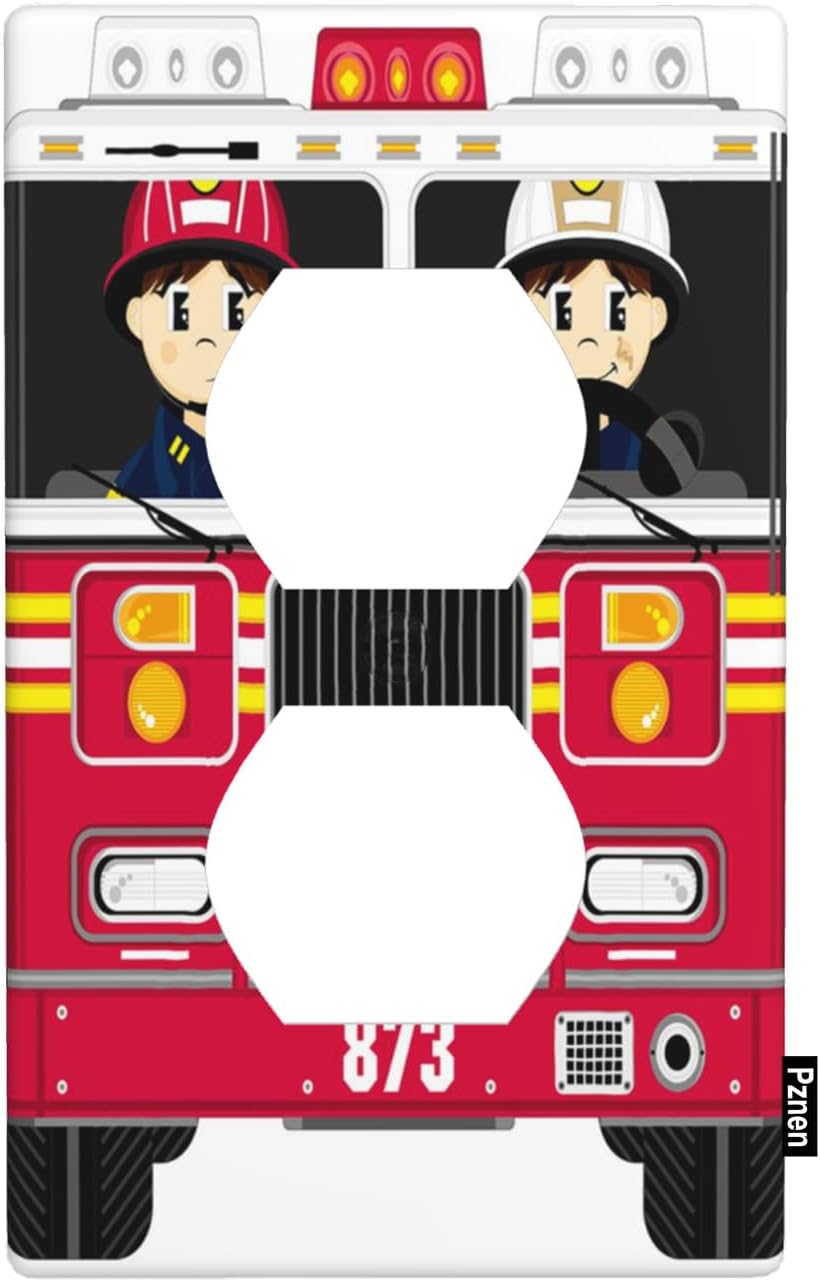 Fire Truck Outlet Covers Cute Cartoon Firefighters Fireman Red Emergency Vehicle 1-Gang Wall Plate Duplex Standard Receptacle Plug Cover 4.5″ x 2.76″ for Teen Boy Girl Room