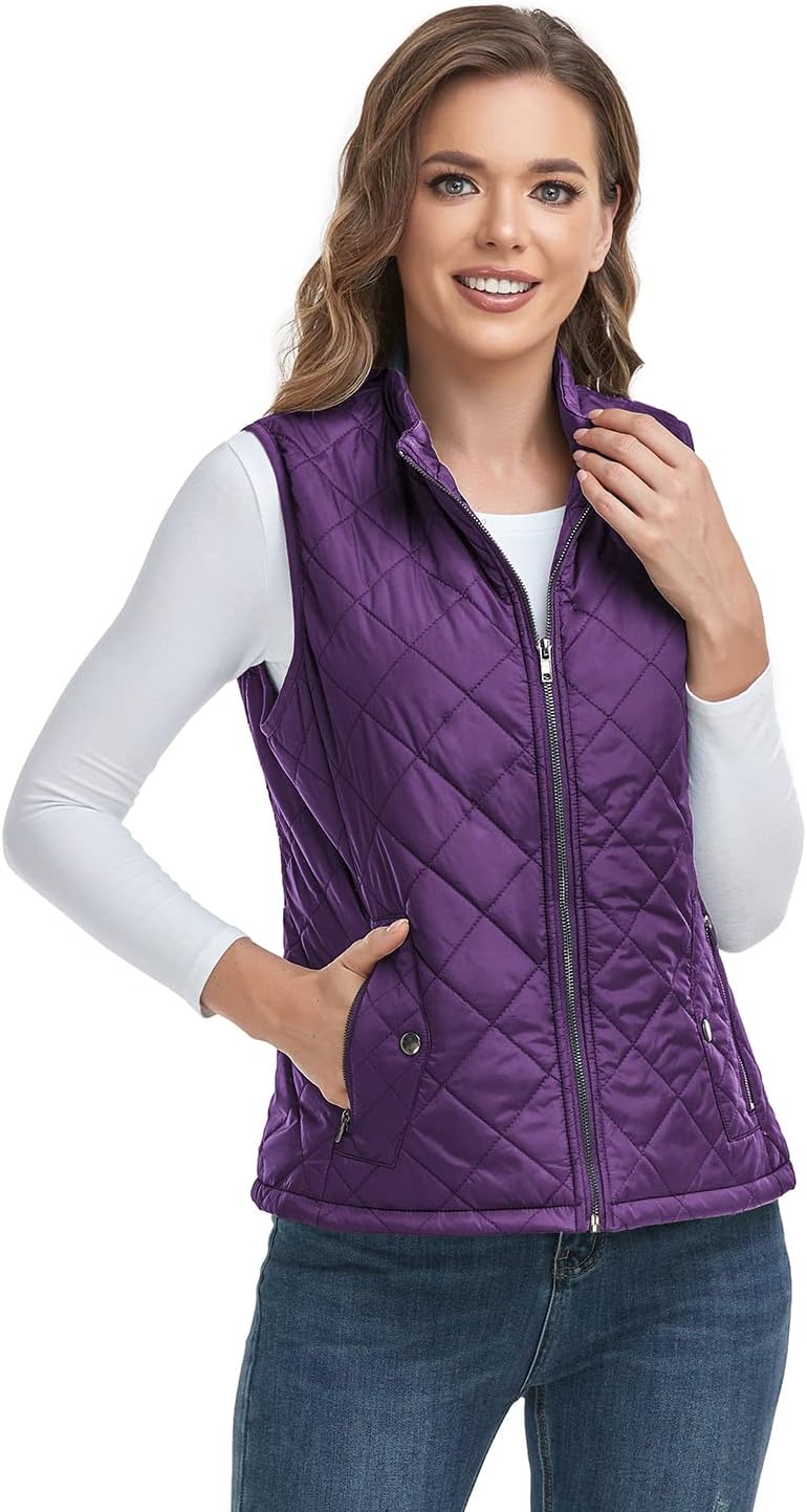 LONGKING 2025 Upgraded, Women's Outwear Vest With One Inner Pocket - Stand Collar Lightweight Zip Quilted Vest for Women