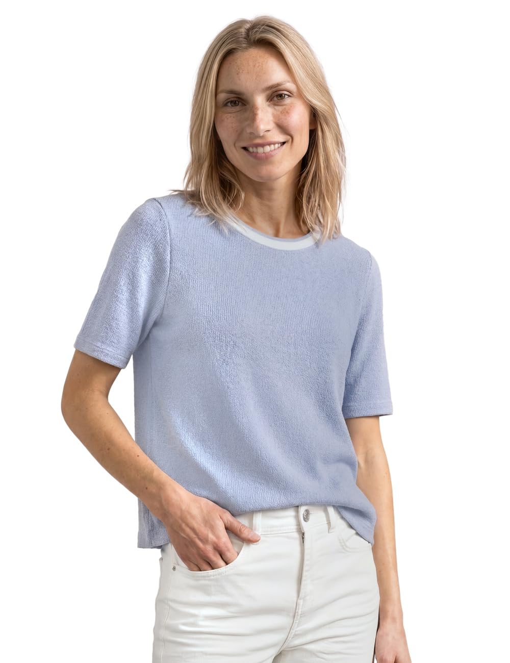 Street One Women's 3231018 T-Shirt in Knitted Look with Crew Neck (Pack of 1), Whispery Blue, 18