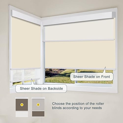 Miniatura 2 de FACIMI Persianas dobles opacas para ventana, persianas enrollables dobles beige con persianas opacas y filtrantes de luz en una cenefa, persianas de