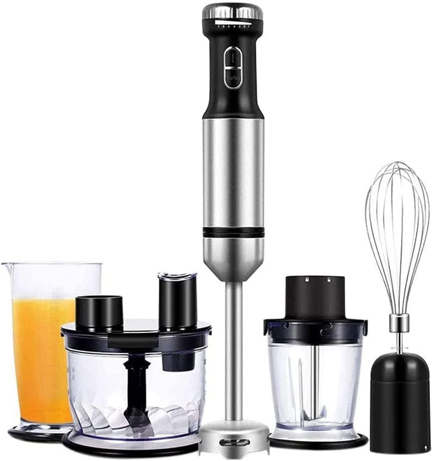 Immersion Hand Blender, 6-in-1 Stick Blender Set with an Electric Stainless Steel Mixer, an Egg Whisk, Food Chopper and Beaker Container, Great for Making Vegetable Meat, Smoothies, Sauces and