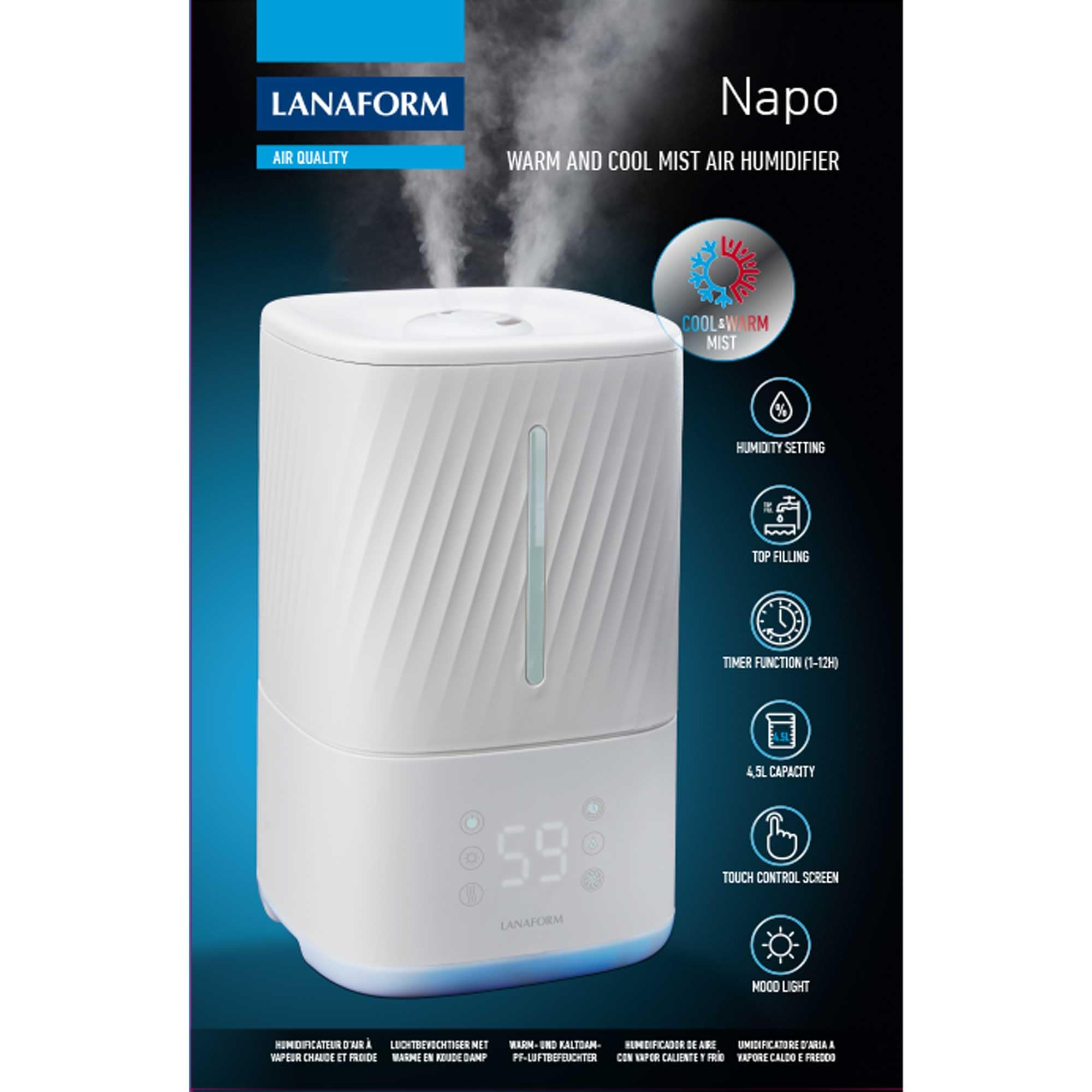 LANAFORM - Napo - Humidificateur D'air - Vapeur Tiède Et Froide - Diffuseur Huiles Essentielles - Mode Nuit - Silencieux - Capacité De 4.5 L - 3 Intensités - 50 M2