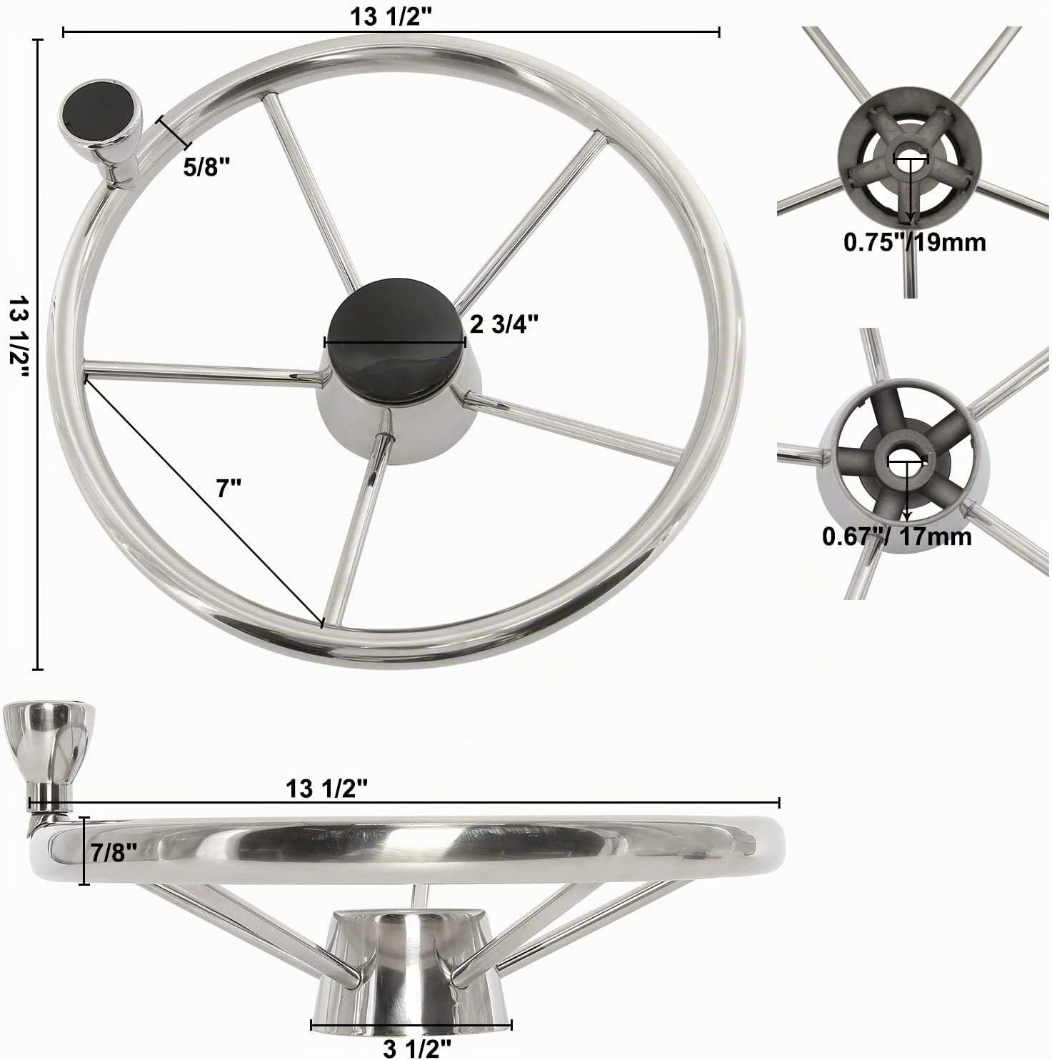 FreeTec 5 Radios 13-1/2 Pulgadas Acero Inoxidable Volante para Barco y Yate Con Botón 9310SRF1