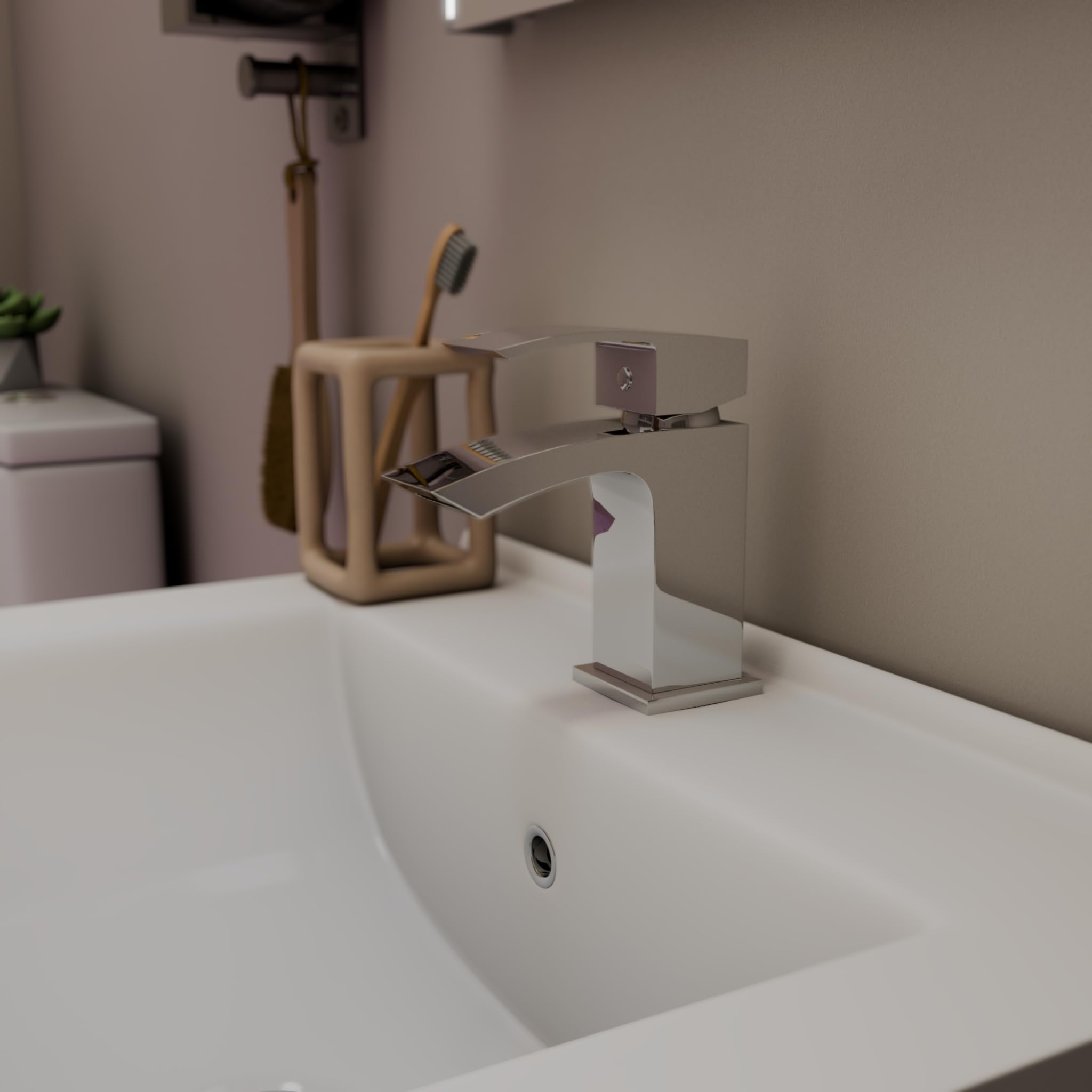 VeeBath Tidal - Miscelatore monocomando per lavabo con scarico, finitura cromata, bordo squadrato, leva singola, moderno rubinetto da bagno, miscelatore moderno per lavabo