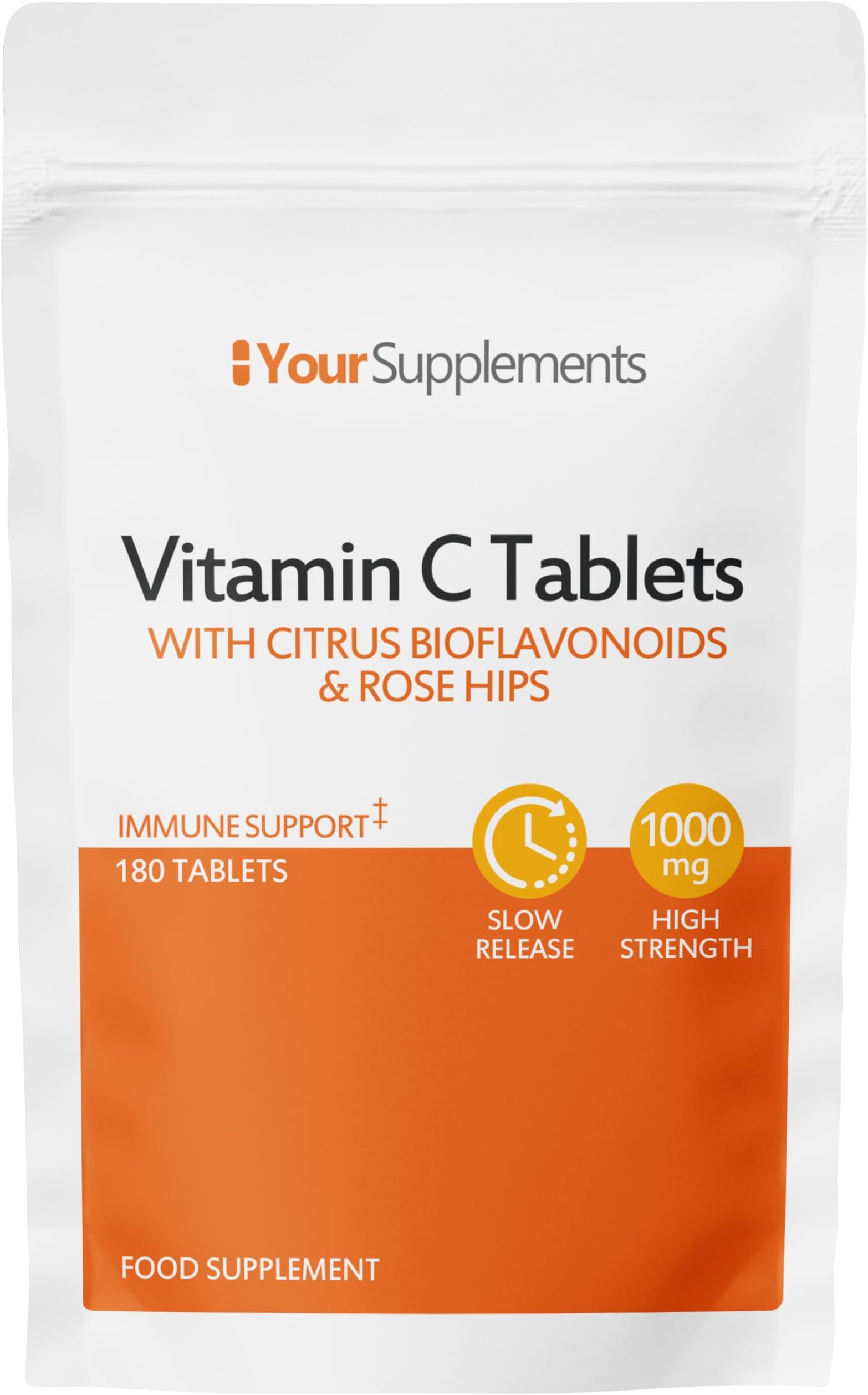 Vitamin C Tablets 1000mg | 180 Slow Release Tablets | with Bioflavonoids & Rose Hips | Natural Immune Support | One A Day