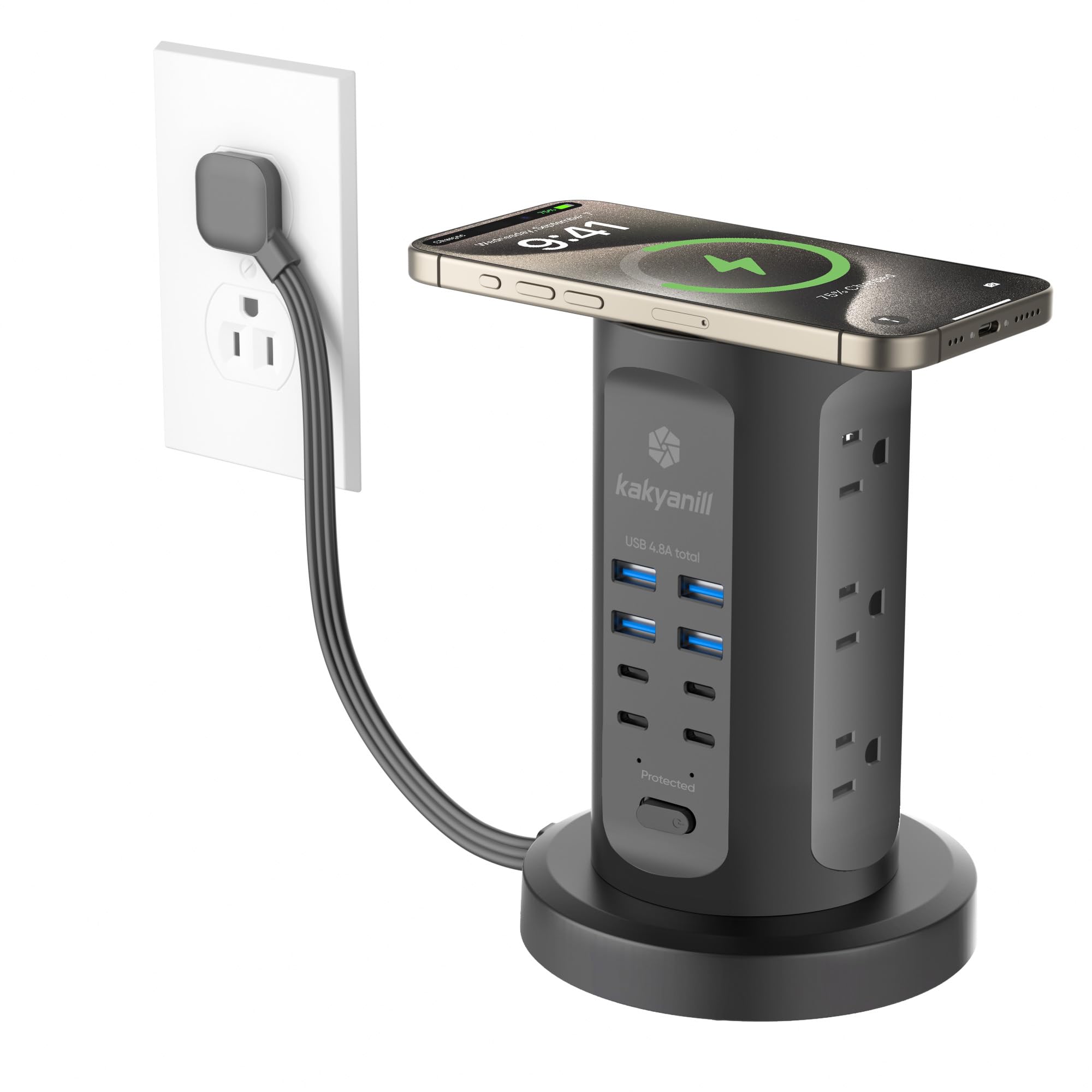 Steckdosenleiste Tower, kakyanill Überspannungsschutz-Turm 9 AC-Steckdosen 8 USB (4 USB C), 1,8 m einziehbares Verlängerungskabel, Ladestation für Büro, Schlafsaal, Schwarz
