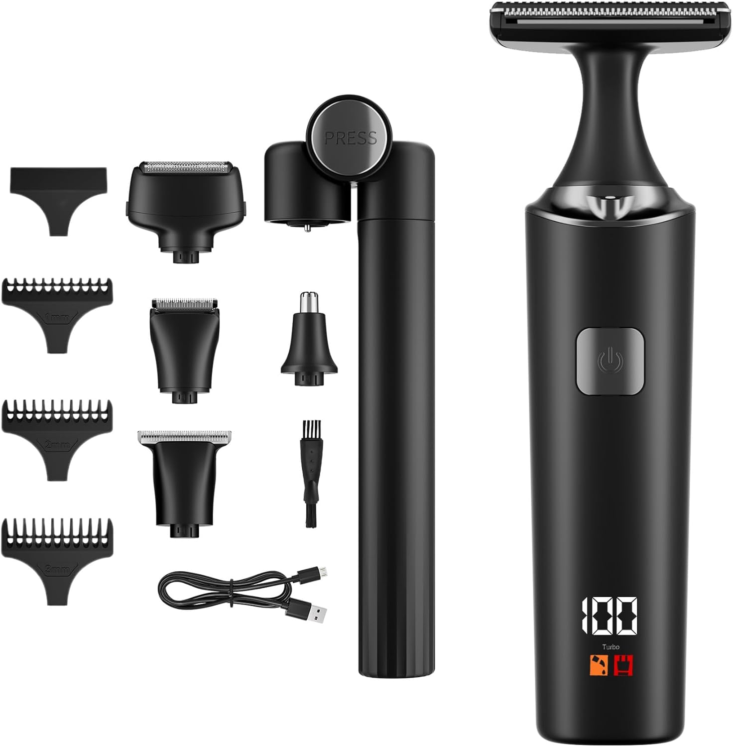 5-in-1 Cordless Body Hair Trimmer for Men, Multifunctional Grooming Kit with Extendable Handle, Washable Electric Shaver for Back, Beard, Nose and Intimate Areas (Black)