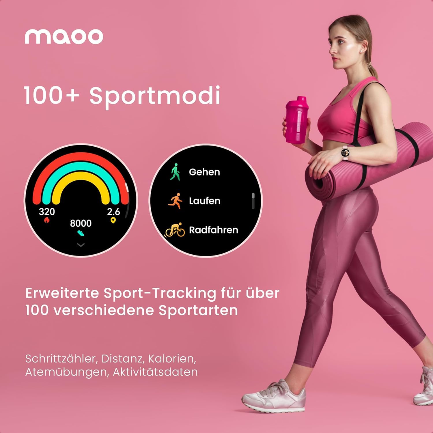 Maoo Ventura Smartwatch Damen 1,32 Zoll AMOLED Display Herzfrequenzmesser SPO₂ Blutdruckmesser IP67 wasserdicht 5 Armbänder Silber