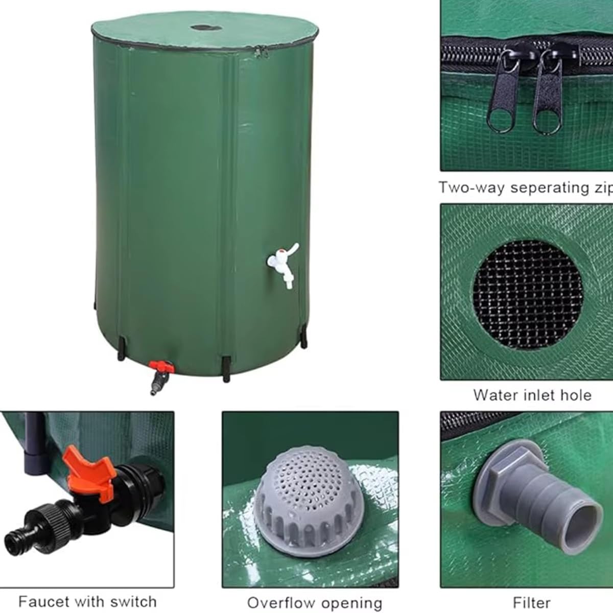 Depósito de almacenamiento de agua, sistema de recogida de barril de lluvia portátil con parte superior de malla plegable, grifo y cubierta de cremallera para un riego eficiente del jardín